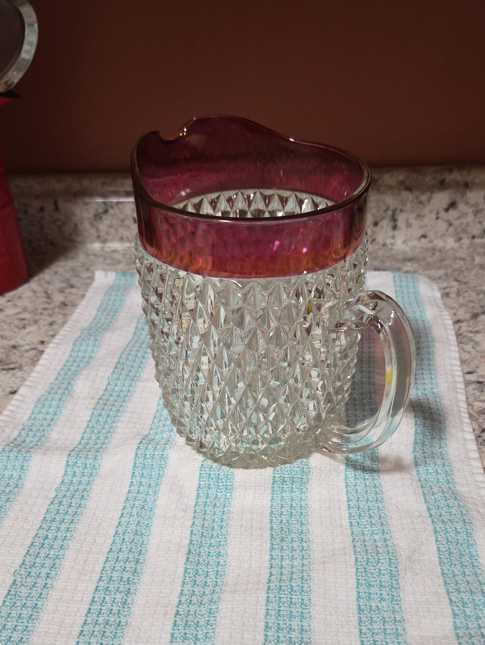 Indiana Glass Diamond Point Ruby Flash Pitcher. Vintage
